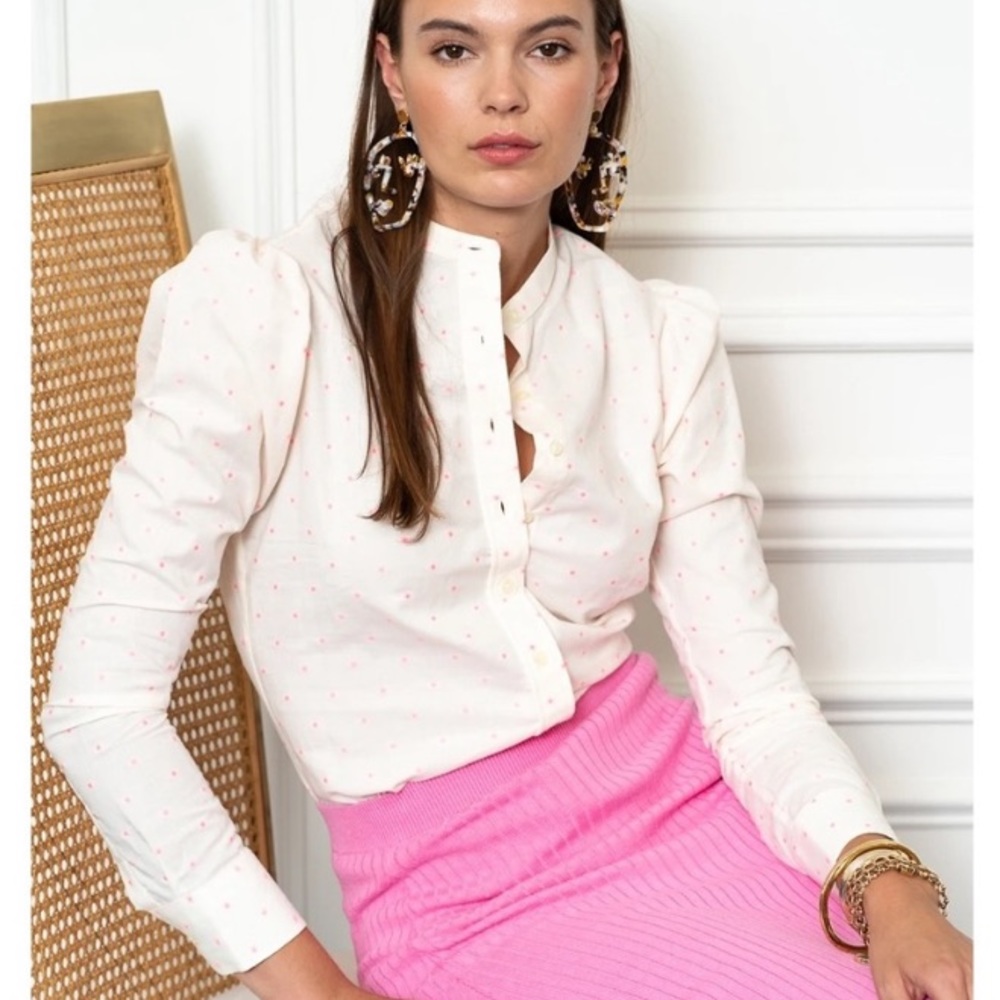 The Shirt Rochelle Behrens Puffed Shoulder Top Button Down Cream Pink Small